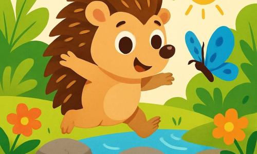 Un petit hérisson aux piquants bruns et dorés, avec de grands yeux curieux et un sourire fier, saute joyeusement sur des pierres au bord d'une rivière scintillante. À côté de lui, un papillon bleu aux ailes délicates vole en tournoyant. La rivière, d'un bleu éclatant, danse sous le soleil, entourée de fleurs colorées et de feuillages verts. Dans cette scène, le hérisson montre son courage en traversant la rivière, tandis que le papillon l'encourage.