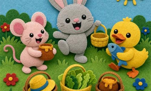 Loulou, petit lapin gris clair en feutrine aux grandes oreilles arrondies, yeux noirs ronds et sourire joyeux, danse en tenant un petit panier jaune ouvert, à sa gauche Mimi, petite souris rose pâle aux grandes oreilles, rit en tenant un pot de miel brun-orange, à sa droite Toto, canard jaune vif au bec orange, tient un poisson en bois bleu; décor : prairie verte en feutrine avec herbes en couches, fleurs rouges et bleues cousues, ciel bleu clair et soleil jaune en haut à droite; scène : pique-nique joyeux avec trois paniers ouverts montrant un chapeau jaune, salade verte et pot de miel, couleurs vives et textures cousues visibles.