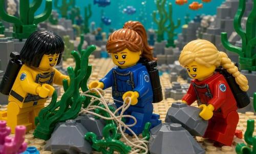 Trois filles en combinaison de plongée dans un diorama sous-marin LEGO : une fille de 8 ans aux cheveux châtain clair en queue de cheval, au centre, tient délicatement une ligne emmêlée entre deux rochers gris ; à gauche, une fille de 7 ans aux cheveux noirs courts en combinaison jaune tire doucement une algue verte en briques pour dégager la ligne ; à droite, une fille de 8 ans aux cheveux blonds tressés en combinaison rouge soulève un petit rocher gris pour créer de l’espace, la scène lumineuse montre du sable beige, des algues vertes ondulées, un banc de petits poissons orange et bleu et des rayons de lumière jaunes traversant l’eau turquoise, toutes ont des gestes doux et des expressions concentrées et souriantes.