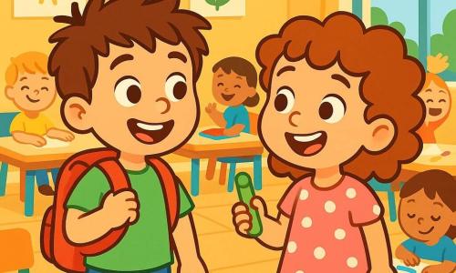 Timéo, un petit garçon de 4 ans aux cheveux bruns en bataille et aux yeux curieux, porte un sac à dos rouge vif dans une salle de classe lumineuse. Il sourit, excité pour la rentrée des classes, aux côtés de Lila, une petite fille de 4 ans avec des cheveux bouclés et une robe rose à pois blancs, tenant une craie colorée. La salle est décorée de dessins colorés, avec des tables en bois clair et des chaises multicolores. Des crayons et des cahiers sont éparpillés, et la lumière du soleil entre par une grande fenêtre. Timéo et Lila discutent et rient, entourés d'autres enfants jouant, créant une ambiance joyeuse.