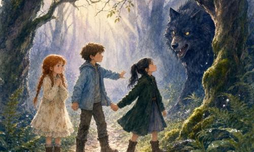 Trois enfants sur un sentier forestier étroit : Éloi, ~10 ans, cheveux châtains courts, veste bleu pâle et bottes boueuses, au centre, main droite tendue ; Lucie, ~9 ans, tresses rousses, robe crème à petites fleurs, à gauche légèrement en retrait, mains jointes, visage tremblant mais déterminé ; Maïa, ~8 ans, peau claire, cheveux noirs en queue, manteau vert foncé, à droite, serrant la main d’Éloi, posture courageuse. Un grand loup noir-bleuté aux yeux jaunes brille à moitié dans l’ombre entre deux troncs, crocs visibles mais expression plus surprise que féroce. Le sentier, ruban doré entre fougères et mousses, sous une arche d’arbres noueux et un léger brouillard lavande, lumière matinale chaude filtrant en rayons ; atmosphère tendue mais maîtrisée, contrastes entre la clarté du sentier et l’ombre autour du loup, émotions lisibles sur les visages.