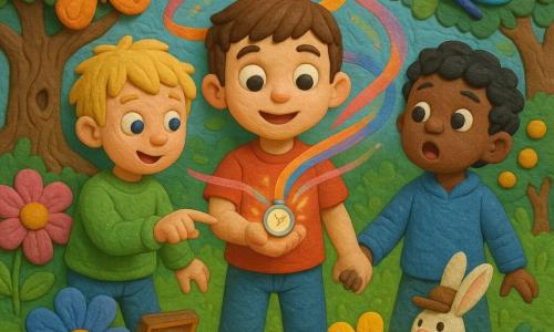 Trois garçons dans une prairie magique : Tom (7 ans, cheveux bruns courts, t-shirt rouge, jean) au centre tenant une petite montre brillante, Léo (6 ans, cheveux blonds en bataille, pull vert clair) à gauche appuyant sur un bouton de la montre, Max (5 ans, cheveux noirs bouclés, sweat bleu) à droite tenant la main de Tom et regardant autour de lui, bouche ouverte; la montre projette des rubans lumineux rose, orange et bleu qui tourbillonnent autour des enfants et des fleurs géantes (roses, jaunes, bleues) tandis que des papillons translucides volent et qu’un grand chêne ancien aux racines épaisses avec une boîte brillante semi-ouverte se dresse en arrière-plan; un petit lapin blanc coiffé d’un chapeau marron observe près d’un pommier aux pommes dorées; ambiance joyeuse et sûre, couleurs saturées et textures façon pâte à modeler.