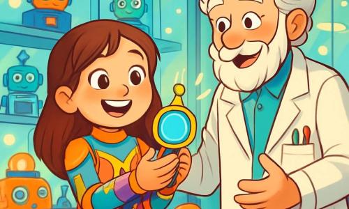 Lily, une petite fille de 10 ans aux longs cheveux bruns et aux yeux curieux, se tient souriante au centre de la scène. Elle porte une combinaison futuriste colorée avec des motifs géométriques. À ses côtés, M. Magnus, un vieil homme aux cheveux gris et à la barbe soignée, l'observe avec bienveillance, vêtu d'une blouse de laboratoire pleine de gadgets. La scène se déroule dans la boutique magique de M. Magnus, remplie d'inventions scintillantes, avec des murs en verre et des étagères de robots colorés. Lily découvre un appareil de communication brillant, et M. Magnus lui explique son fonctionnement. Elle réalise qu'elle peut se connecter avec d'autres enfants de Néo-ville, symbolisant l'amitié et la créativité dans un monde futuriste.