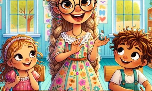 Madame Lila, une femme souriante d'une trentaine d'années avec de longs cheveux blonds tressés et des lunettes rondes, se tient au centre de la classe. Elle porte une robe colorée ornée de motifs floraux et montre des crayons et des livres à ses élèves avec enthousiasme. Tim, un garçon de 8 ans aux joues rondes et aux yeux curieux, est assis à une petite table en bois, tenant une pierre scintillante. Il a les cheveux bruns en bataille et un sourire émerveillé en regardant Madame Lila. Marina, une fille de 7 ans avec des cheveux bouclés et une robe rose, est debout à côté de Tim, dessinant sur une grande feuille de papier. La scène se déroule dans une classe lumineuse et colorée, avec des murs bleus pastel et des fenêtres laissant entrer la lumière. Madame Lila explique avec passion comment utiliser les crayons et les pierres pour apprendre, entourée de ses élèves attentifs, prêts à explorer le monde magique de l'apprentissage.