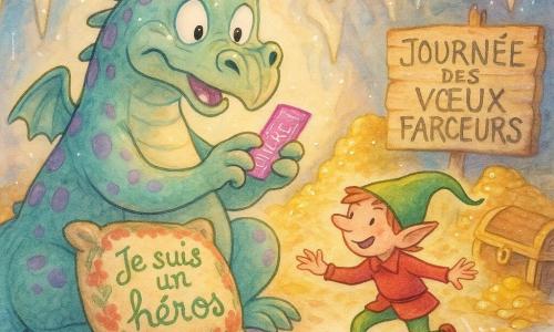 Un dragon rondouillet émeraude pâle à taches violettes, l'air surpris et amusé, tient un ticket rose fluo dans sa grotte scintillante tandis qu'un petit lutin en skateboard champignon, en rouge et bonnet vert, freine en souriant devant son coussin brodé «Je suis un héros» usé; stalactites pailletées, tas d'or, coffres renversés et panneau «JOURNÉE DES VŒUX FARCEURS», ambiance joyeuse aux couleurs pastel rehaussées de touches vives et lumières douces.