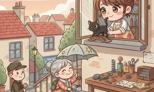 Une femme inventrice souriante et rêveuse, cheveux châtain en chignon décoiffé, porte un tablier peint et présente un petit pont en carton au chat noir aux yeux verts qui le traverse sur le rebord de la fenêtre; en bas, une voisine âgée au manteau fleuri ouvre un parapluie réparé et sourit, un garçon d'environ 7 ans à vélo rouge regarde des marches aux étoiles phosphorescentes, et le facteur s'arrête près d'une marche étiquetée «marche lumineuse» pour admirer; l'atelier lumineux, fenêtre ouverte, table en bois couverte d'outils, ressorts, boutons et carnets, surplombe des toits rouges et cheminées sous un ciel pastel au coucher, ambiance chaleureuse et curieuse, couleurs vives et textures papier et tissu.