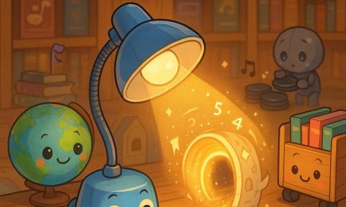 Une petite lampe de bureau ronde bleue à abat-jour blanc, base chromée et câble fin, visage chibi au grand œil lumineux et joues roses, incline son abat-jour et projette un faisceau chaud formant un pont de lumière au-dessus d'une feuille froissée; derrière et à gauche, un globe terrestre anthropomorphe brillant sourit et regarde la porte de papier émerveillé; à droite, un chariot à livres en bois sur roulettes au visage amical roule doucement vers la lampe; un petit robot-rangeur métallique rond aux yeux LED timides ramasse des disques près d'une étagère en arrière-plan; un marque-page violet souriant flotte au-dessus d'une pile de livres; un vieux magnétophone brun sur une table émet des ondes musicales visibles; le tout se passe dans la 