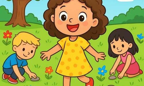 Une petite fille de 6 ans, Zoé, aux cheveux bruns et bouclés, porte une robe jaune à pois et des chaussures rouges. Elle sourit avec émerveillement au milieu d'une prairie verdoyante. À ses côtés, un garçon de 6 ans avec des cheveux blonds et un t-shirt bleu, et une fille de 5 ans avec des cheveux noirs et une jupe rose, ramassent des cailloux près d'un ruisseau. La prairie est parsemée de fleurs, avec un grand arbre en arrière-plan sous un ciel bleu clair. Zoé s'apprête à lancer un caillou dans l'eau, créant des cercles à la surface.