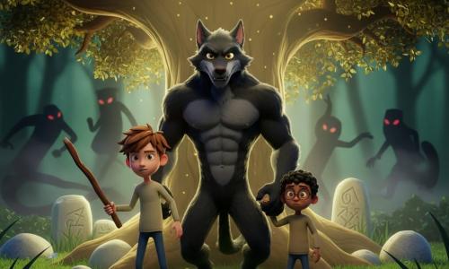 Un grand loup-garou gardien athlétique au pelage noir brillant et yeux dorés protecteur, debout sur ses pattes arrière, aux muscles visibles et sourire rassurant, aux côtés de Maxime (≈10 ans, cheveux châtains en bataille, tenant un bâton) et Lucas (≈10 ans, petit, lunettes, inquiet mais résolu, tenant la main de Maxime), tous devant un énorme arbre à tronc large et feuilles dorées scintillantes dans une clairière éclairée doucement, herbe avec fleurs luminescentes et pierres gravées, des ombres aux yeux rouges et brume légère reculant, palette vert/doré chaude contre noir/violet des ombres, rendu 3D cartoon cel-shading, contours nets et expressions enfantines, composition centrée sur l'arbre et le trio.