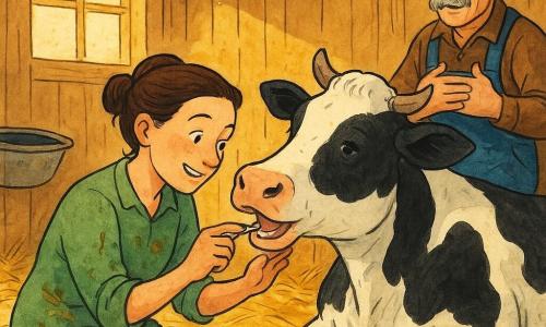 Lucie, femme adulte aux cheveux bruns en chignon, blouse verte tachée, est agenouillée près de Marguerite, une grande vache blanche tachetée de noir, et lui examine doucement la bouche avec un petit instrument; Monsieur Lambert, homme d'environ 60 ans au visage ridé et moustachu, casquette et bottes, se tient debout près de l'étable en bois clair, paille au sol, regardant soulagé, ambiance chaleureuse et paisible.
