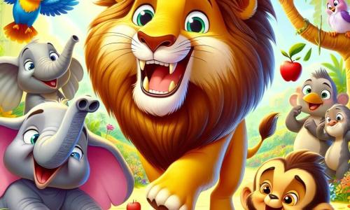 Léo, le lion majestueux, se tient au centre de la scène, avec une crinière dorée qui brille sous le soleil. Son visage rayonne de joie, avec un large sourire et des yeux pétillants d'excitation. Il rit aux éclats, entouré de ses amis. À sa droite, Émile, l’éléphant gris, jongle maladroitement avec des pommes, affichant une expression amusée. À sa gauche, Samba, le singe espiègle, fait des grimaces en grimpant sur une branche. La scène se déroule dans une clairière ensoleillée de la jungle de Flamouche, entourée d’arbres et de fleurs colorées. Léo et ses amis préparent le Grand Concours de Rire, partageant des blagues et créant une ambiance de camaraderie et de bonheur.