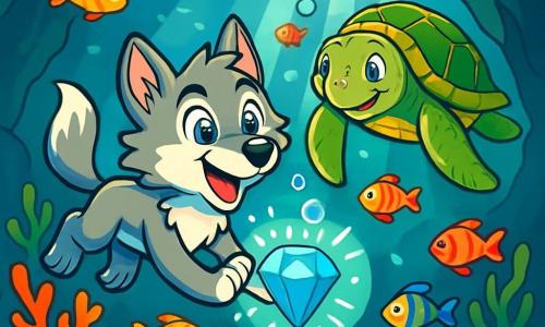 Un jeune loup nommé Léo, aux yeux brillants et au pelage gris argenté, nage avec émerveillement dans un vaste royaume sous-marin. À ses côtés, une tortue marine, Talia, sourit avec bienveillance. Ils se trouvent dans une caverne sous-marine illuminée par des rayons de lumière, révélant des coraux et des algues. Léo touche le Cœur de l'Océan, un cristal bleu éclatant, entouré de bulles d'air, symbolisant l'énergie de cet artefact mystérieux.