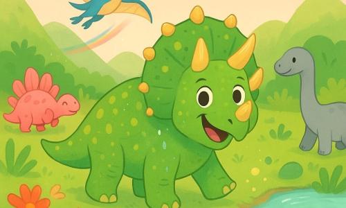 Un tricératops joyeux nommé Grand-patte, peau verte à pois jaunes et trois cornes brillantes, sourit tandis que des gouttes d'eau scintillantes ornent son dos en marchant vers la rivière; un ptérodactyle, Plumegriff, aux plumes bleues et crème vole en cercles au-dessus de lui en laissant des éclats colorés; autour, de petits dinosaures colorés applaudissent et dansent — un stégosaure rose aux plaques rayées et un sauropode gris au long cou — dans une vallée verdoyante à rivière claire, grandes fleurs colorées et collines douces sous un ciel rose, célébrant le retour triomphal, la guérison de la vallée et la joie partagée.