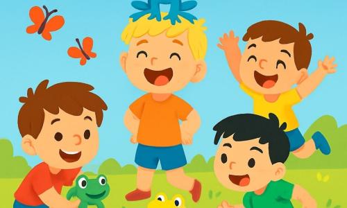 Quatre enfants s'amusent dans un jardin ensoleillé. Petit Léo, 5 ans, accroupi avec sa grenouille verte, sourit. Grand Max, 6 ans, rit avec sa grenouille bleue sur la tête. Souriant Jules, 5 ans, saute avec sa grenouille jaune à ses côtés. Malin Tom, 5 ans, court avec sa grenouille rouge. Ils participent à une course de grenouilles, entourés de fleurs colorées et de papillons, créant une ambiance joyeuse.