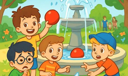 Quatre enfants jouent dans un parc ensoleillé. Léo, 5 ans, a des cheveux bruns en bataille et un t-shirt jaune, il tient un ballon rouge. Sami, aussi âgé de 5 ans, a des cheveux noirs et des lunettes rondes, il est accroupi et inquiet face au ballon. Hugo, avec des cheveux blonds et une casquette bleue, tend la main vers le ballon, tandis que Paul, avec des cheveux châtains et un t-shirt à rayures, rit en pointant le ballon flottant près de la fontaine. Le parc est animé, avec des fleurs, des arbres, un ciel bleu et des familles qui se promènent. Les enfants jouent près de la fontaine, où le ballon vient de tomber à l'eau, créant une atmosphère joyeuse et énergique.