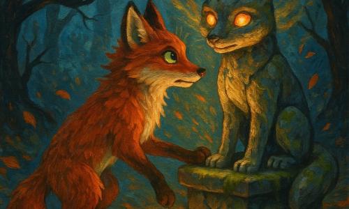 Renard roux anthropomorphe, oreilles pointues et fourrure cuivre, pose une patte sur la base d'une vieille statue de renard en pierre fissurée et mousseuse qui se réveille derrière lui, ses yeux en pierre émettant une lueur ambre chaleureuse ; oiseaux et écureuils perchés dans les branches observent, intrigués, dans une clairière parfaitement circulaire d'arbres tordus aux troncs sombres, sol de feuilles mortes orange et brunes et tapis de mousse verte, une brume bleutée serpente entre les racines tandis que la lumière chaude de la statue dissipe les ombres froides, feuilles tourbillonnent et la scène, mystérieuse mais rassurante, est rendue en peinture acrylique texturée avec coups de pinceau visibles et palette de cuivres chauds, bleus froids et ambre lumineux.