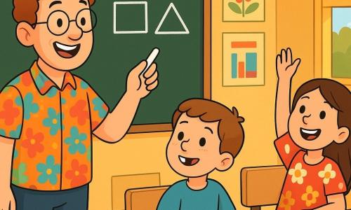 Un instituteur, Monsieur Paul, est debout devant un tableau noir, souriant et portant une chemise colorée et des lunettes rondes. Il tient une craie blanche. À côté de lui, Zoé, une petite fille de 8 ans avec de longs cheveux bruns et une robe à fleurs, lève la main avec enthousiasme. Jules, également âgé de 8 ans, se tient en retrait, souriant timidement. La scène se déroule dans une classe lumineuse avec des posters colorés, des tables en bois et des fournitures scolaires éparpillées. Monsieur Paul explique comment dessiner des formes sur le tableau, tandis que Zoé et Jules l'écoutent attentivement.