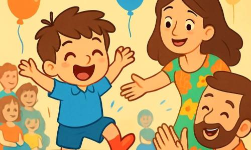 Léo, un petit garçon de 4 ans aux cheveux bruns en bataille et aux yeux pétillants, danse sur une scène en bois. Il porte une chemise bleue et des chaussettes rouges, affichant un grand sourire de fierté et d'excitation. Sa maman, d'une trentaine d'années, l'encourage avec un sourire chaleureux, tandis que son papa, également dans la trentaine, applaudit avec fierté. La scène se déroule dans une salle de fête décorée de guirlandes et de ballons, où parents et enfants, tous souriants, regardent la performance. Léo effectue des pas de danse joyeux, créant une atmosphère festive.