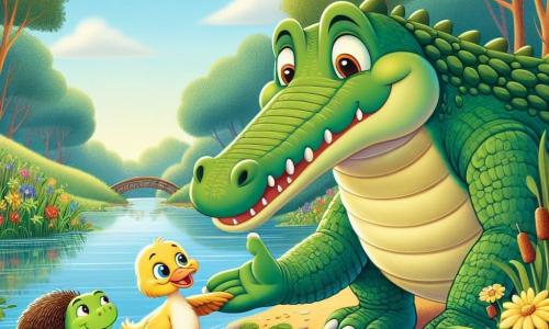 Clément, le crocodile aux écailles vertes brillantes, sourit amicalement en tendant sa patte pour aider Camille, un petit canard jaune et duveteux, qui le regarde avec gratitude. Tasha, la tortue joyeuse à la carapace colorée, s'approche en souriant, tandis qu'Hugo, le hérisson timide, observe la scène de loin. Le décor est une belle rivière entourée de verdure luxuriante et de fleurs colorées. Clément aide Camille à sortir des roseaux, tandis que Tasha et Hugo les encouragent, créant une atmosphère d'amitié et de solidarité.