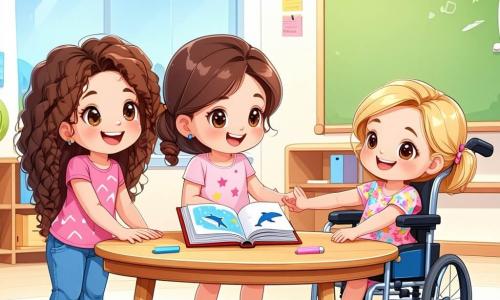 Dans une salle de classe lumineuse, trois filles de 8 ans se réunissent autour d'une table en bois. Léa, aux cheveux bouclés et bruns, porte un t-shirt rose et sourit en tenant un livre sur les dauphins. Clara, blonde et en fauteuil roulant, sourit en encourageant ses amies. Emma, aux cheveux châtains, joue du ukulélé, ses yeux brillants de bonheur. La salle est décorée de dessins colorés et d'un tableau noir avec des mots sur les dauphins. Les trois amies préparent leur spectacle sur les dauphins, échangeant des idées et riant, illustrant la joie de l'amitié et de l'apprentissage.