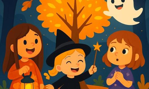 Quatre personnages sont présents : Zoé, une fille de 8 ans avec de longs cheveux bruns et une robe orange à motifs de citrouilles, tenant une petite lanterne ; Mia, une fille de 7 ans avec des cheveux blonds en tresse, vêtue d'un costume de sorcière noir et faisant un geste magique ; Léa, une fille de 6 ans avec des cheveux châtains et une robe violette ornée d'étoiles, regardant autour d'elle avec des yeux écarquillés ; et Frimousse, un petit fantôme amical flottant avec un grand sourire. L'action se déroule dans un parc magique la nuit d'Halloween, avec des arbres sombres et des feuilles dorées tombant. Les filles chantent autour d'un grand arbre aux feuilles scintillantes, tandis que Frimousse les encourage, créant une atmosphère magique remplie de rires.