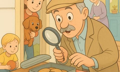 Un homme d'environ 60 ans, moustachu et coiffé d'un chapeau beige, penché sur une boîte à biscuits ouverte sur la table, tient une loupe et affiche une expression surprise et malicieuse; Zoé, 8 ans, cheveux châtains en queue de cheval, tient sur ses genoux le petit chien roux Biscotte qui renifle la table et regarde la boîte depuis la porte de la cuisine; Camille, 7 ans, cheveux blonds courts, est accroupie dans le jardin visible par la fenêtre avec une balle en caoutchouc, souriant timidement; Madame Lila, environ 70 ans, cheveux blancs en chignon, arrose des pots près de la porte d'entrée en souriant; le chat noir Minuit dort et ronronne dans une panière près du frigo; la cuisine chaleureuse et lumineuse, murs pastel, table en bois clair avec nappe à carreaux rouges et blancs, boîte métallique ouverte et miettes, baignée d'une douce lumière; moment joyeux et léger centré sur la découverte de la boîte à biscuits, couleurs chaudes et contours doux.