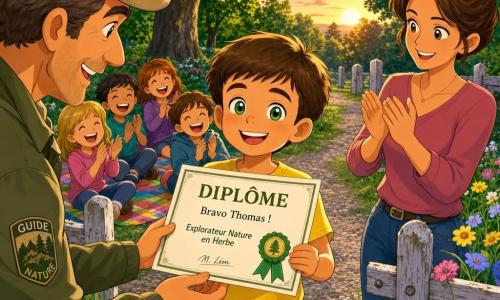 Thomas, garçon de 6 ans, souriant et fier, cheveux châtain courts, yeux verts, en t‑shirt jaune et jean, tient un diplôme blanc à ruban vert et regarde le spectateur ; sa mère (environ 35 ans), cheveux bruns en chignon, sourire doux et tenue décontractée, se tient derrière à droite en applaudissant ; Monsieur Léon (environ 45 ans), guide joyeux en casquette et veste kaki, tend le diplôme depuis la gauche ; quelques enfants (6–8 ans) assis sur une couverture multicolore à l’arrière-plan applaudissent et rient ; lieu : parc verdoyant au coucher du soleil, grands arbres, fleurs sauvages, sentier de gravier et vieille barrière blanche ; ambiance lumineuse aux couleurs chaudes et saturées, style dessin animé doux et rond avec expressions exagérées ; composition centrée sur Thomas, gros plans sur le diplôme et les mains applaudissant, arrière‑plan légèrement flou.