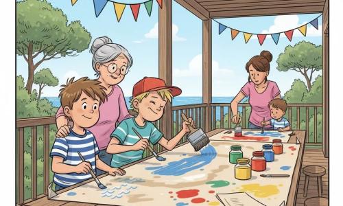 Un garçon de 12 ans au visage rond et cheveux châtain en bataille, concentré et timide mais souriant, porte un t-shirt rayé et un short en jean et peint de petites vagues blanches sur un grand papier kraft posé sur la table ; son cousin Lucas, aussi 12 ans, cheveux blonds et expression malicieuse, casquette rouge à l’envers, peint de grands traits bleus à côté en lui lançant un clin d’œil ; la grand-mère, environ 60 ans, cheveux gris en chignon et lunettes rondes, sourit doucement en posant la main sur l’épaule du garçon debout près de la table ; la mère, ~35 ans, cheveux bruns attachés, aide un plus jeune enfant à tremper un pinceau ; sur la terrasse en bois ensoleillée on voit des pins et la mer au loin, une guirlande de fanions, pots de peinture alignés, pinceaux dégoulinants et taches vives : une grande table collective transformée en fresque d’été, ambiance chaleureuse et créative aux couleurs saturées (bleu océan, sable, vert pin, rouge, jaune).