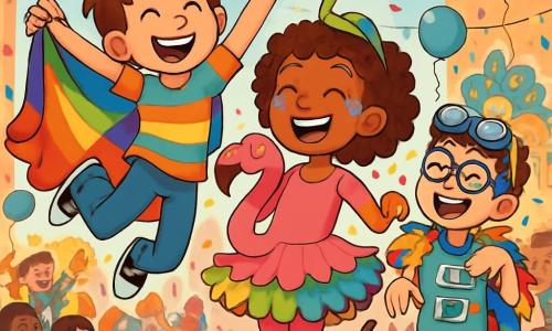 Trois personnages se distinguent : Léo, un garçon de 10 ans aux cheveux en bataille, portant un t-shirt coloré et un pantalon en jean, qui saute de joie avec une cape multicolore ; Zoé, une fille de 10 ans avec des cheveux bouclés, déguisée en flamant rose avec un tutu arc-en-ciel et des paillettes, qui danse avec un grand sourire ; et Maxime, également âgé de 10 ans, qui porte des lunettes de plongée et un t-shirt de robot, faisant des gestes comiques. L'action se déroule sur une place animée, décorée de guirlandes lumineuses et de ballons, où des chars colorés défilent et des musiciens jouent des airs joyeux. Les trois amis, au milieu de la foule, présentent leur costume inventif de « Flamantins » tout en dansant, suscitant rires et applaudissements.