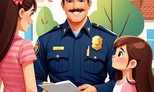 Un policier souriant d'une quarantaine d'années avec une moustache et un uniforme bleu marine interroge des enfants autour de lui, tenant un carnet et un stylo. À sa droite, Emma, dix ans, avec des lunettes rondes et une loupe, observe avec curiosité. À sa gauche, Hugo, neuf ans, pointe une empreinte de pas, tandis que Maxime, dix ans, examine une clé brillante. La scène se déroule sur la place centrale du village de Montfleury, entourée de maisons colorées et de fleurs. Un panneau annonce la fête annuelle, et des villageois curieux regardent la scène. L'ambiance est celle d'une enquête sur un gâteau géant disparu, pleine de mystère et d'aventure.