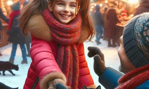 Léa, une fille de 11 ans, se tient au centre de la scène, joyeuse, avec un grand sourire. Elle porte une doudoune rouge, une écharpe tricotée par sa grand-mère et des gants assortis. Ses cheveux châtains sont en deux couettes. Elle tend la main vers un petit chat noir qui se faufile entre ses jambes. À côté d'elle, son père, d'environ 40 ans, sourit et tient un gobelet de chocolat chaud. En arrière-plan, le marché de Noël de Floconville est animé, avec des stands colorés et des flocons de neige tombant. Léa cherche son père dans la foule festive, entourée de lumières et de rires d'enfants, tout en se liant d'amitié avec le chat noir.