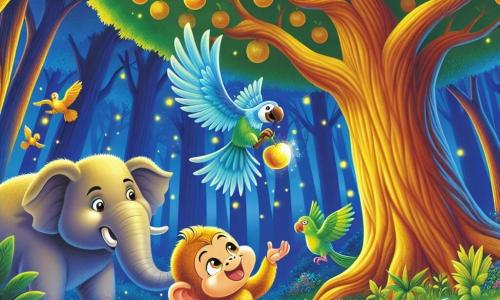 Coco, une petite guenon au pelage doré, se tient joyeusement au pied d'un immense arbre aux fruits d'or, prête à grimper pour en cueillir un. À ses côtés, Titi, un perroquet bleu ciel, vole autour d'elle, exprimant son enthousiasme. Léon, un éléphant gris, observe bienveillant, sa trompe levée en signe d'encouragement. La scène se déroule dans une forêt verdoyante, baignée de lumière dorée, où les arbres chantent au vent et les fleurs dansent sous le soleil. Coco se prépare à grimper à l'arbre majestueux, tandis que Titi et Léon l'encouragent, illustrant l'esprit d'aventure et d'amitié qui les unit.
