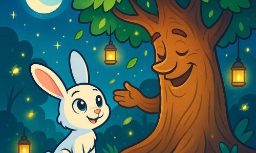 Un petit lapin blanc nommé Lino, aux longues oreilles douces, est assis au pied d'un immense arbre, ses yeux brillants d'émerveillement. Il sourit légèrement, entouré de pétales lumineux tombant des branches. À côté de lui se trouve l'Arbre des histoires, majestueux avec un tronc large et des feuilles scintillantes, qui se penche légèrement comme s'il partageait un secret apaisant. Le lieu est une clairière enchantée, éclairée par la lune et des lanternes flottantes, avec un sol recouvert d'herbes moelleuses et de fleurs colorées. Lino écoute attentivement l'Arbre des histoires, qui lui raconte une histoire magique, tandis que des lucioles dansent autour d'eux, créant une atmosphère paisible et rêveuse.