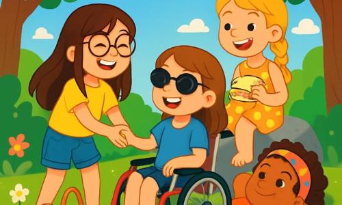 Quatre enfants sont réunis : Clara, une fille de 8 ans avec de longs cheveux bruns et des lunettes rondes, porte un t-shirt jaune et un short en jean tout en riant avec Zoé. Lina, également âgée de 8 ans, a des cheveux blonds en tresse et une robe à fleurs, assise sur un rocher avec un sandwich. Zoé, en fauteuil roulant, a des cheveux châtains et des lunettes de soleil, vêtue d'un t-shirt bleu et d'un short, sourit à ses amies. Emma, avec des cheveux bouclés et un bandeau coloré, est allongée dans l'herbe, regardant les nuages avec un cookie. La scène se déroule dans une clairière ensoleillée entourée d'arbres, avec des fleurs sauvages et un rocher au centre. Les quatre amies partagent un pique-nique joyeux, illustrant la force de leur amitié.