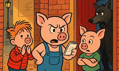 Prudent, l’un des Trois Petits Cochons, est debout et déterminé, sourcils froncés, montrant un petit carnet où il a pris des notes; Siffleur, à gauche, bouche ronde d’étonnement et mains sur la bouche, veste rouge rayée; Costaud, à droite, surpris mais protecteur, bras croisés et t-shirt vert, près de la porte; le loup, dans l’ombre près de l’entrée, a un regard coupable et sournois, manteau sombre taché et posture recroquevillée; décor : grande maison en briques neuves, porte en bois rouge ouverte sur un hall chaud avec meubles simples et table aux plans froissés, rues pavées et lampadaire jaune visibles à l’extérieur; scène : Prudent révèle une preuve au loup et à ses frères, atmosphère tendue mais sûre, couleurs vives, contours nets et expressions lisibles pour les enfants.