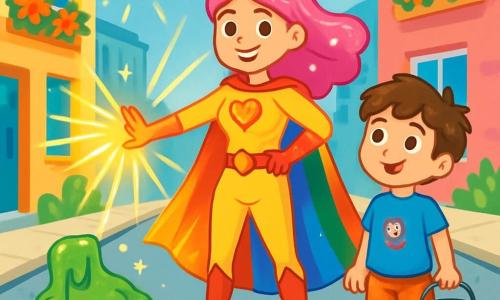Super Luminia, une femme héroïque aux cheveux roses, porte une cape arc-en-ciel qui brille au soleil. Elle sourit avec détermination, entourée de glu collante dans une rue de Brillopolis. À ses côtés, Max, un garçon de 8 ans aux cheveux bruns, admire Super Luminia tout en tenant un seau vide pour l'aider à nettoyer. La rue est animée, avec des immeubles colorés, des fleurs éclatantes, des lucioles et des bonbons en forme de cœur piégés par la glu. Super Luminia et Max s'unissent pour combattre la glu qui menace la ville, tandis qu'elle utilise ses rayons de lumière pour éclairer et faire disparaître la glu.