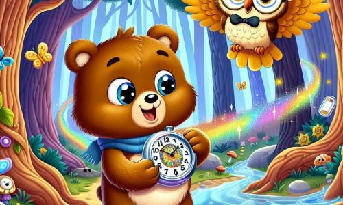Un petit ours brun nommé Barnabé, avec un pelage doux et des yeux curieux, se tient au centre de l'image, émerveillé par une montre temporelle brillante qu'il tient dans ses pattes. À ses côtés, un hibou sage nommé Horace, avec des lunettes rondes et un chapeau pointu, flotte dans les airs avec un sourire bienveillant. Le décor est une forêt enchantée avec des arbres épais, des feuilles colorées, des fleurs multicolores et un ruisseau scintillant. Barnabé, prêt à appuyer sur un bouton de la montre, est encouragé par Horace, créant une atmosphère d'aventure et de mystère.