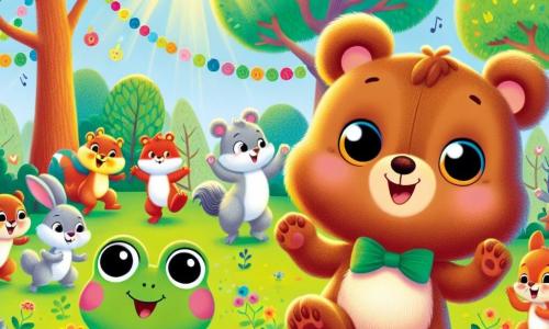 Un petit ours brun nommé Bobo danse joyeusement au milieu d'une fête colorée, affichant un grand sourire. À ses côtés, une petite grenouille verte nommée Lila saute en rythme, pleine de vie et ravie d'être entourée de ses amis. En arrière-plan, des écureuils et des lapins dansent et rient, créant une atmosphère festive. La scène se déroule dans une clairière ensoleillée, entourée d'arbres majestueux et de fleurs colorées, symbolisant la diversité de la nature. Bobo et ses amis célèbrent ensemble, illustrant l'importance de l'amitié dans un cadre joyeux.