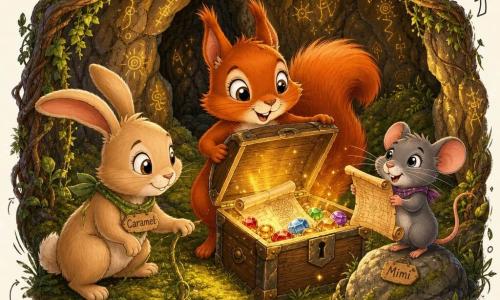 Un petit écureuil roux aux grands yeux brillants et à la queue touffue, émerveillé et fier, soulève le couvercle d'un vieux coffre en bois; à gauche, le lapin beige Caramel aux longues oreilles, prudent mais souriant, accroupi et prêt à aider une patte sur une liane; à droite, la petite souris grise Mimi, aux moustaches fines, perchée sur une pierre et tenant un parchemin déroulé; dans une grotte au sol moussu et aux murs humides ornés de gravures dorées scintillantes, l'entrée bordée d'herbes et de racines, le coffre diffuse une lumière dorée révélant pierres précieuses et parchemin ancien; ambiance intime et magique aux couleurs chaudes (or, ambre, vert mousse), textures visibles du bois, de la pierre et des feuilles, style illustration jeunesse aux traits nets, couleurs saturées et petits doodles blancs (vent, étoiles).