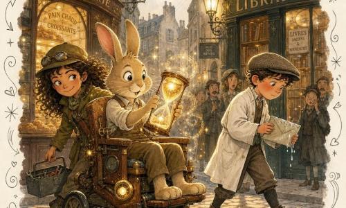 Pollen, un lapin anthropomorphe au pelage beige et aux yeux curieux, est assis sur une chaise-bricolage en bois faite de vieux sièges et retourne délicatement un sablier lumineux tandis que Mina, une fillette bouclée en veste kaki et casquette d’aventurière, sourit malicieusement en tenant une petite boîte à outils derrière la chaise; un garçon d’époque en blouse et casquette plate, le visage rougi, marche lentement devant une librairie en tenant une enveloppe trempée. La rue pavée de 1900, bordée de façades en pierre, boulangerie et librairie, lanternes à gaz et premiers fils électriques, baigne dans une lumière dorée et blanche; la machine à remonter le temps s’active — la chaise clignote, des volutes de lumière tourbillonnent autour du sablier et la foule, en retrait, est ébahie — l’atmosphère est douce et nostalgique, aux couleurs chaudes, textures papier et un léger overlay de doodles (flèches, horloges, ampoules) pour un rendu jeunesse.