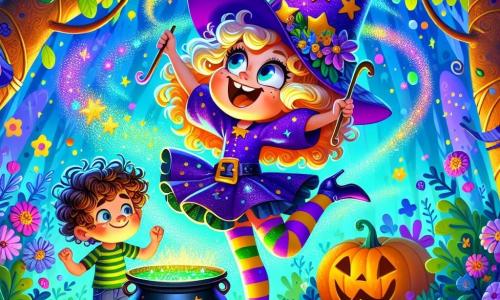 Une sorcière joyeuse, Zélie, danse avec un grand sourire, portant un chapeau pointu violet orné d'étoiles dorées et des chaussettes dépareillées. Elle prépare une potion pétillante dans un chaudron noir, entourée de bulles colorées. À ses côtés, un petit garçon d'environ 8 ans, aux cheveux bouclés et aux yeux pétillants, observe avec émerveillement, tenant une citrouille dans une forêt enchantée. Zélie crée une potion magique qui fait danser les citrouilles, remplissant l'air de joie et de couleur.