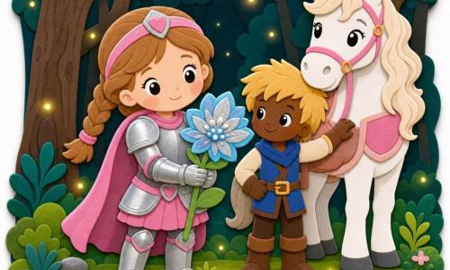 Une chevaleresse souriante aux cheveux châtain clair en tresse, en armure argentée à détails roses, tient une grande fleur lumineuse bleu-argent; à côté, Max, un petit écuyer d’environ 8 ans aux cheveux blonds, la touche du regard, et derrière eux Luna, un grand cheval blanc à crinière ondulée et selle rose pâle, dans une clairière de forêt sombre mais accueillante avec mousse, pierres et quelques lucioles — scène paisible, émerveillée, style couleurs plates, contours nets et formes arrondies type gommette.