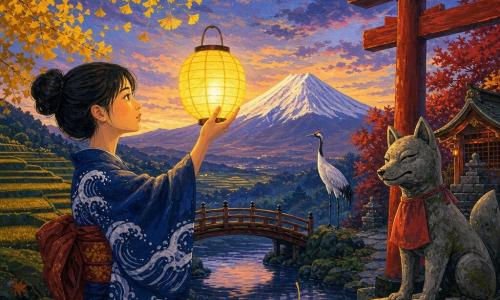 Aki, émue et concentrée, visage doux, cheveux en chignon et kimono bleu indigo à motifs de vagues, tient une lanterne jaune qui éclaire son visage; à droite du chemin, une statue de renard de pierre patinée au torii affiche une ombre qui rend son museau inquiet; au pied d’un cerisier, une grue blanche immobile regarde la montagne brumeuse; le décor : un petit pont de bois sur une rivière silencieuse, rizières en terrasses à gauche, un torii rouge et un petit sanctuaire en bois à droite, érables rouges et un grand ginkgo aux feuilles jaunes; crépuscule doré sans vent, une feuille de ginkgo tourne suspendue au-dessus de l’eau, Aki scrute la nuit lanterne levée, guidée par la statue et la grue sous un ciel bleu et pourpre.