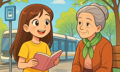 Une fille de 10 ans, avec de longs cheveux bruns et des yeux curieux, se tient à une station de tram. Elle porte un t-shirt jaune et une jupe en denim, tenant un carnet ouvert, souriante. À côté, une dame âgée d'environ 70 ans, avec des cheveux gris en chignon et un foulard vert, observe les arbres avec bienveillance, assise sur un banc en bois. La station est bordée d'arbres en fleurs et le sol est pavé de dalles grises, avec quelques flaques d'eau. La fille admire les bourgeons sur les branches, tandis que la dame lui parle de la magie du printemps, créant une atmosphère joyeuse.