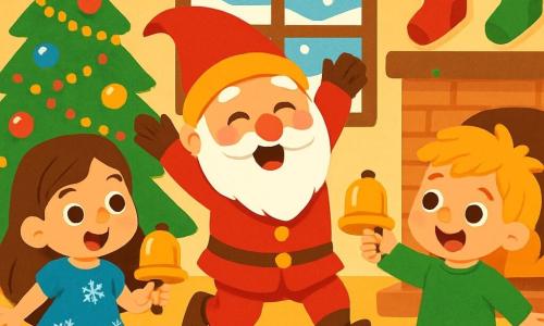 Il y a trois personnages : un lutin farceur, un petit garçon nommé Tom et une petite fille nommée Lily. Le lutin, avec un manteau rouge, un chapeau pointu et une longue barbe blanche, saute de joie au centre de la pièce. Lily, 6 ans, a de longs cheveux bruns, porte une robe bleue à motifs de flocons de neige et tient une cloche dorée. Tom, 5 ans, a des cheveux blonds en bataille, porte un pull vert et tient une cloche brillante. L'action se déroule dans un salon chaleureux décoré pour Noël, avec un sapin scintillant, des flocons de neige tombant dehors et des chaussettes accrochées au-dessus de la cheminée. Les personnages cherchent des cloches de Noël cachées, remplis de joie et d'excitation dans une ambiance magique.