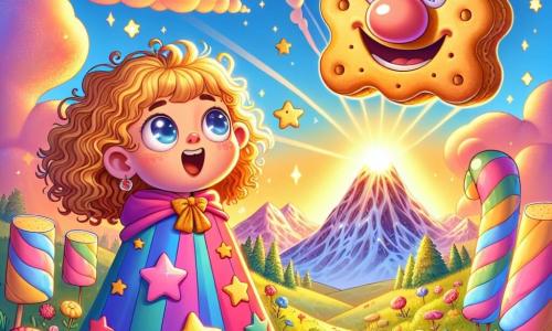 Au sommet de la Montagne des Rires, Lila, une petite fille de 7 ans aux cheveux bouclés et dorés, se tient devant une grande boîte en forme de biscuit scintillant. Son visage rayonne d'excitation et ses yeux brillent d'émerveillement alors qu'elle s'apprête à l'ouvrir, vêtue d'une cape d'aventurière ornée d'étoiles. À ses côtés, un nez rieur en forme de cadenas flotte dans l'air, amusé par la situation. Le paysage enchanteur, avec des nuages dansants, des fleurs chantantes et des montagnes en guimauve, crée une atmosphère magique. Lila est prête à raconter une blague pour déverrouiller le cadenas et découvrir le Biscuit Magique.