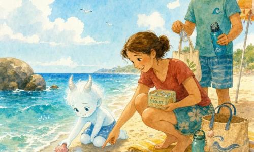 Nino, un petit enfant-fantôme magique aux deux cornes lisses et à la peau légèrement brillante, agenouille et pose délicatement un coquillage rose sur le sable ; la maman souriante, cheveux attachés, accroupie à côté de lui, pointe le coquillage et tient une boîte à biscuits sur une serviette jaune ; le papa, calme, debout près d’un petit parasol, sourit, tient une gourde réutilisable et a un sachet en tissu où il met un petit morceau de plastique ramassé ; la plage est chaude et brillante avec du sable doré, de petites empreintes, un rocher à gauche, des vagues bleues douces, des coquillages éparpillés et un grand ciel bleu clair ; la scène montre un geste tendre et responsable : l’enfant rend un coquillage à la mer et ramasse un déchet, entouré de parents attentifs et d’affaires bien rangées lors d’un après‑midi d’été paisible.