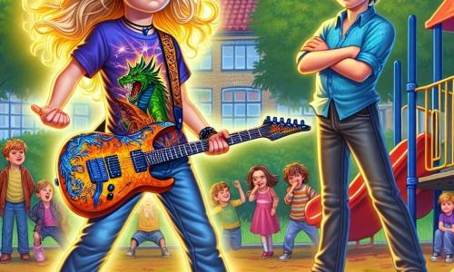 Au centre de l'image, Kaïs, un garçon de 8 ans aux cheveux longs et dorés, affiche une expression déterminée tout en tenant une guitare-épée. À sa droite, Lucas, 9 ans, avec des cheveux bruns en bataille et un sourire moqueur, se tient en retrait, surpris par le courage de Kaïs. Ils se trouvent dans une cour d'école animée, entourés d'arbres et de jeux d'enfants, le sol étant couvert de feuilles d'automne. Kaïs défie Lucas qui essaie de lui prendre sa guitare, tandis que d'autres enfants observent, certains souriant et d'autres surpris.