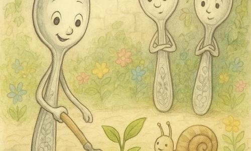 Clémentine, une cuillère anthropomorphe en métal argenté, souriante et fière, tend délicatement une petite pelle en bois vers une jeune plante tandis que Gaston, un petit escargot à la coquille beige rayée de marron, la regarde avec une antenne levée; derrière elles, les parents de Clémentine, deux grandes cuillères au manche orné de motifs floraux, se tiennent attendris, légèrement penchés, dans un petit jardin pavé entouré de fleurs colorées, d'ombre de feuillage et d'un vieux mur de pierre couvert de lierre, créant une atmosphère calme et chaleureuse.