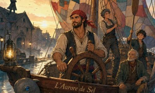 Maël, homme au visage chaleureux et déterminé, peau hâlée, barbe courte et foulard rouge, tient fermement le gouvernail en regardant l’horizon; derrière lui Nika, charpentière d’environ 30 ans aux cheveux courts poivre‑sel en salopette tachée, ajuste une voile rapiécée, Jo, adolescent maigre aux cheveux en bataille, brandit une rame comme un drapeau en souriant nerveusement, et Olan, vieil homme aux yeux clairs, assis sur une caisse, pose sa canne sur le bastingage et regarde Maël avec fierté; sur la vergue la chatte rousse Dame Roussette observe, tandis qu’en arrière‑plan, sur un toit du port, la silhouette sombre de Vargo, cicatrice en griffure, scrute le bateau; scène au petit matin sur un quai de pavés mouillés et hangars en bois, brume légère, lampes à huile allumées, l’Aurore de Sel amarrée avec coque réparée et voile patchwork, figure de proue dauphin à l’œil en verre bleu, l’équipage s’affaire calmement, voiles gonflées et lumière dorée rasante sur les planches humides, prêt à lever l’ancre.